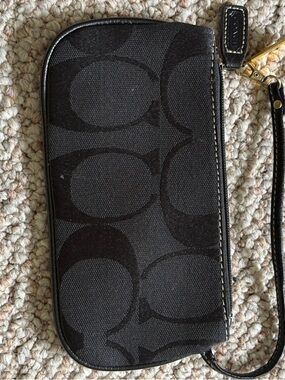 Coach Black Leather Logo Keychain Wristlet with Gold Hardware